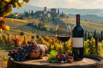 photograph of Red wine bottle, wine glass and wooden barrels. Beautiful Tuscany Italian vineyard background