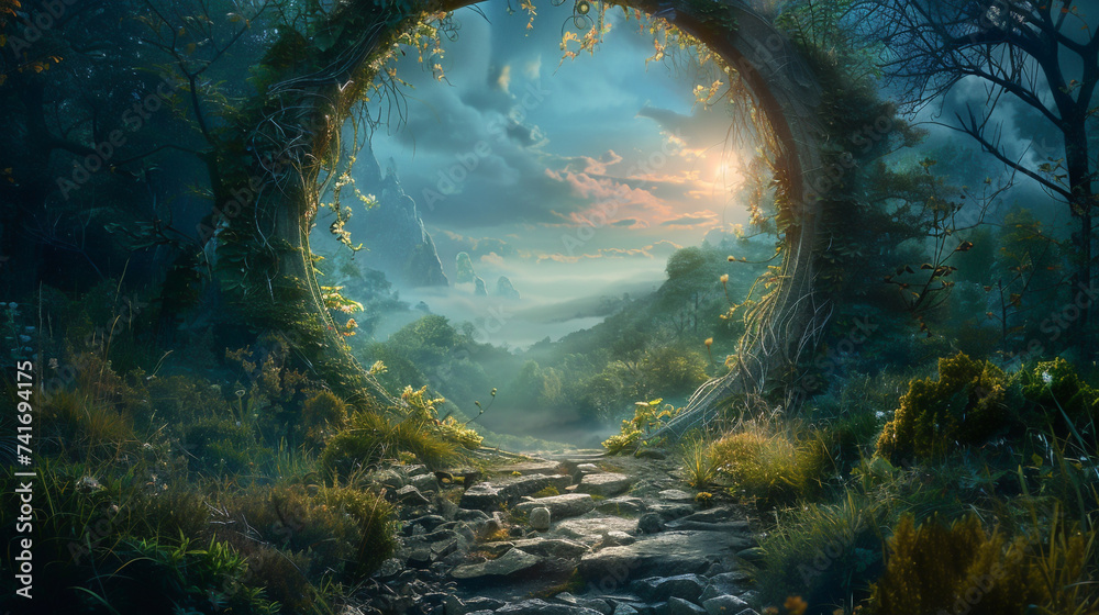 A spectacular portal in a fantasy world where creeper entwined stone ...