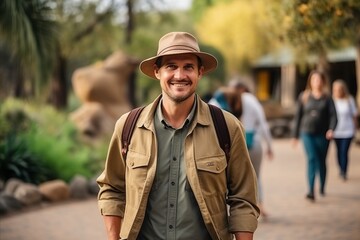 Wall Mural - Portrait of a handsome young man with hat and backpack in the park