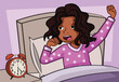 Cartoon young girl waking up with alarm clock. Teenager waking up early.


