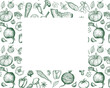 Frame design of vegetarian set. Vegetables sketch, hand drawn illustration. Harvesting, vegetarianism. Banner of Healthy food, proper nutrition.