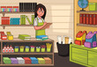 Cartoon woman working in stationery. Clerk with clipboard.

