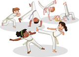 Fototapeta Dinusie - Cartoon kids practicing capoeira movements. Capoeira dancers.

