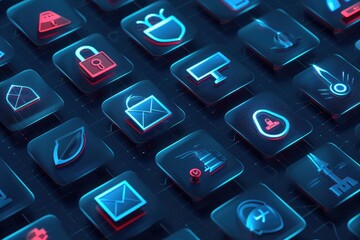 Poster - A detailed view of a keyboard showing numerous icons and symbols that represent various functions, Icons representing different types of cybersecurity threats, AI Generated
