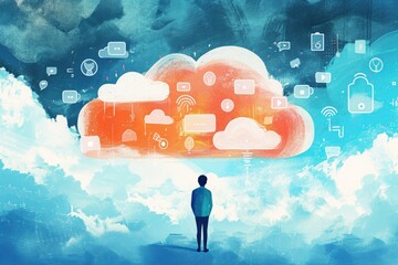 Poster - A man stands in front of a cloud composed of various icons, creating a striking visual contrast, Illustrate human thoughts being saved directly to cloud storage, AI Generated