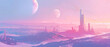 Pastel hued sci fi city on a distant planet Sun and moon hang low in the sky casting long shadows Minimalist design