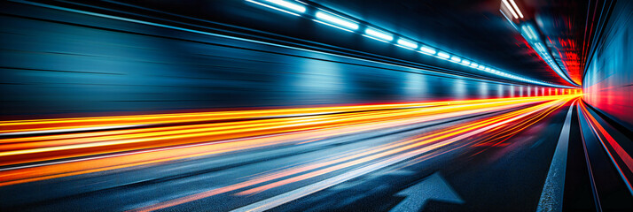 Wall Mural - Dynamic night scene on a busy highway, capturing the fast-paced movement of cars with light trails in a modern urban landscape