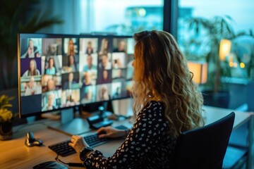 Poster - A woman sitting at a desk, focused on her computer, in a well-lit office space, Image of a businesswoman conducting a virtual meeting from her home office, AI Generated