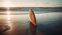 A Surfboard Sticking Out Of The Sand On A Beach, Awaiting The Next Wave To Ride