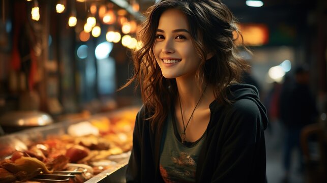 Portrait of a smiling young woman in the street at night.