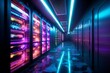 Futuristic server room with colorful neon lights illuminating the dark space and creating a sense of mystery and intrigue