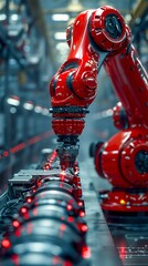 Poster - Sophisticated Red Robotic Arm in Industrial Setting. Generative ai
