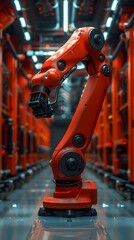 Poster - Sophisticated Red Robotic Arm in Industrial Setting. Generative ai