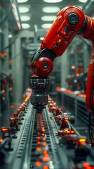 Poster - Sophisticated Red Robotic Arm in Industrial Setting. Generative ai