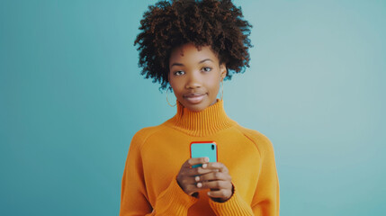 Wall Mural - A person in a bright orange sweater is engaged with a smartphone, standing against a solid blue background.