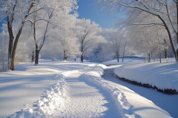 Canvas Print - A snow-covered park with a path leading through it