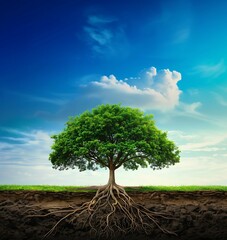 Vibrant Tree with Exposed Roots Against Blue Sky. Generative ai