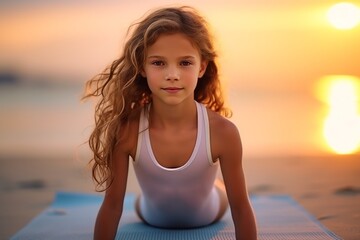 Wall Mural - Portrait of a beautiful little girl doing yoga on the beach at sunset