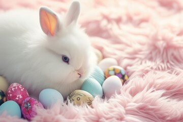 Wall Mural - A fluffy white bunny nestled in a bed of pastel-colored Easter eggs, on a soft pink background.