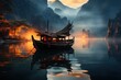 Vietnamese traditional wooden boat in the lake at sunset