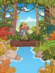 Sticker - Wild forest with cartoon boy crossing a river over a log bridge. Adventure in the  jungle.

