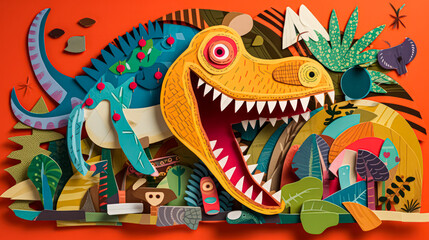 A captivating dinosaur illustration crafted from vibrant pieces of 3D paper
