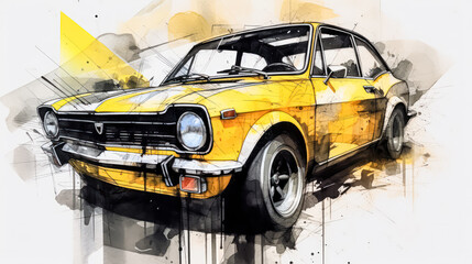 A nostalgic watercolor sketch of a retro car with yellow gray lines