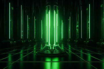 Abstract sci-fi background with glossy black column and green light 3d render illustration