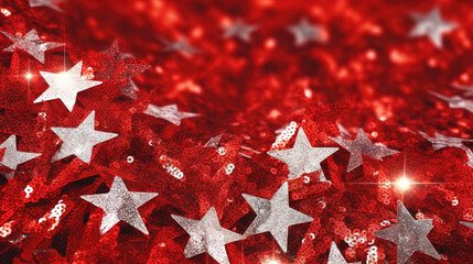 Poster - Abstract shiny background with red glitter. Scattered confetti sparkles with bright and vibrant red color.