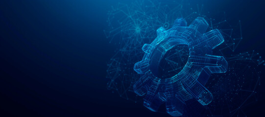 Poster -  wireframe illustration of a gear on a dark blue background. Mechanical technology machine engineering symbol. Project development, engine work, business plan illustration