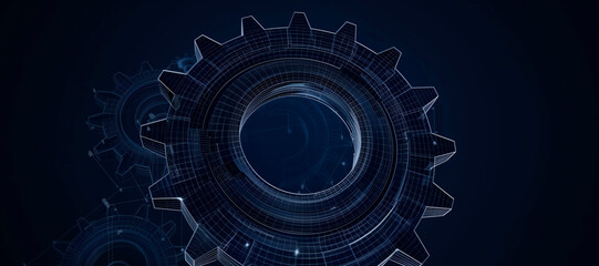 Poster -  wireframe illustration of a gear on a dark blue background. Mechanical technology machine engineering symbol. Project development, engine work, business plan illustration