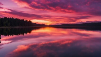 Wall Mural - sunrise over the lake A beautiful sunset or sunrise landscape with a lake and amazing colorful clouds.  