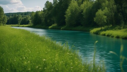 Wall Mural - river in the forest river and summer nature with blue water and green grass  a photo river and summer nature  