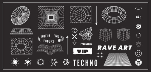 Wall Mural - Geometric shapes, abstract forms. Isolated black background. Vector illustration of rave and futuristic set. 
