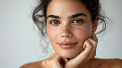 Wall Mural - close-up portrait of a young woman with freckles on her face, touching her cheeks with her hands.