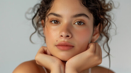 Canvas Print - close-up portrait of a young woman with freckles on her face, touching her cheeks with her hands.