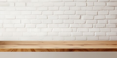 Wall Mural - Versatile wood table top for showcasing or arranging food on white brick wall.