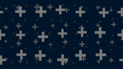 Poster - Plus symbols float horizontally from left to right. Parallax fly effect. Floating symbols are located randomly. Seamless looped 4k animation on dark blue background