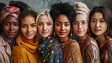 Fototapeta Góry - Group portrait of six beautiful ladies  with different skin and hair color