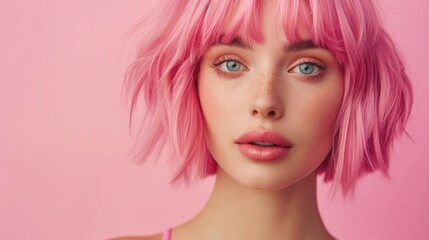 Wall Mural - Beauty Fashion Model Portrait pink hair color. Bob Short Haircut. Fringe Hairstyle. Hairdressing. Beautiful Glamour Girl with Short blonde hair