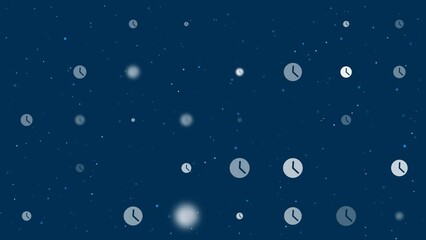 Poster - Template animation of evenly spaced time symbols of different sizes and opacity. Animation of transparency and size. Seamless looped 4k animation on dark blue background with stars