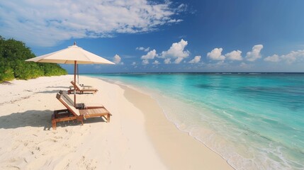 Wall Mural - Beach chairs and umbrella on a white sandy beach.