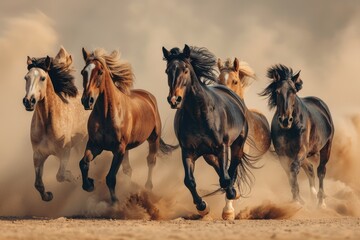 Wall Mural - group of horses running gallop in the desert.