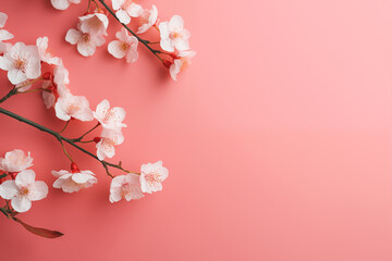 Wall Mural - Soft pink cherry blossoms on pastel background with copy space