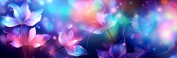 Wall Mural - Translucent flowers banner in vibrant pink and blue colors with dreamy bokeh. Panoramic web header. Wide screen wallpaper