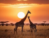 Fototapeta Zwierzęta - Giraffe in the African savanna against the backdrop of beautiful sunset