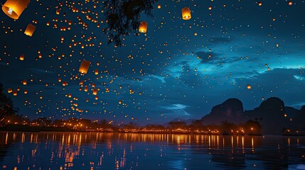 Poster - Starry night sky illuminated by the glow from thousands of lanterns during Eid al-Adha