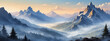 Dawn in the mountainous landscape—mist shrouding the peaks—presenting a captivating and serene nature illustration.