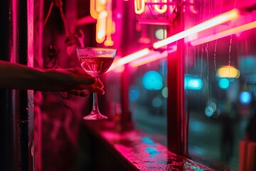 Wall Mural - hand holding a glass of cocktail  in bar near window with pink neon light