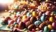 Pâques en gros plan, œufs de chocolat et bonbons parmi des décorations colorées, festivité et gourmandise à l'honneur.
